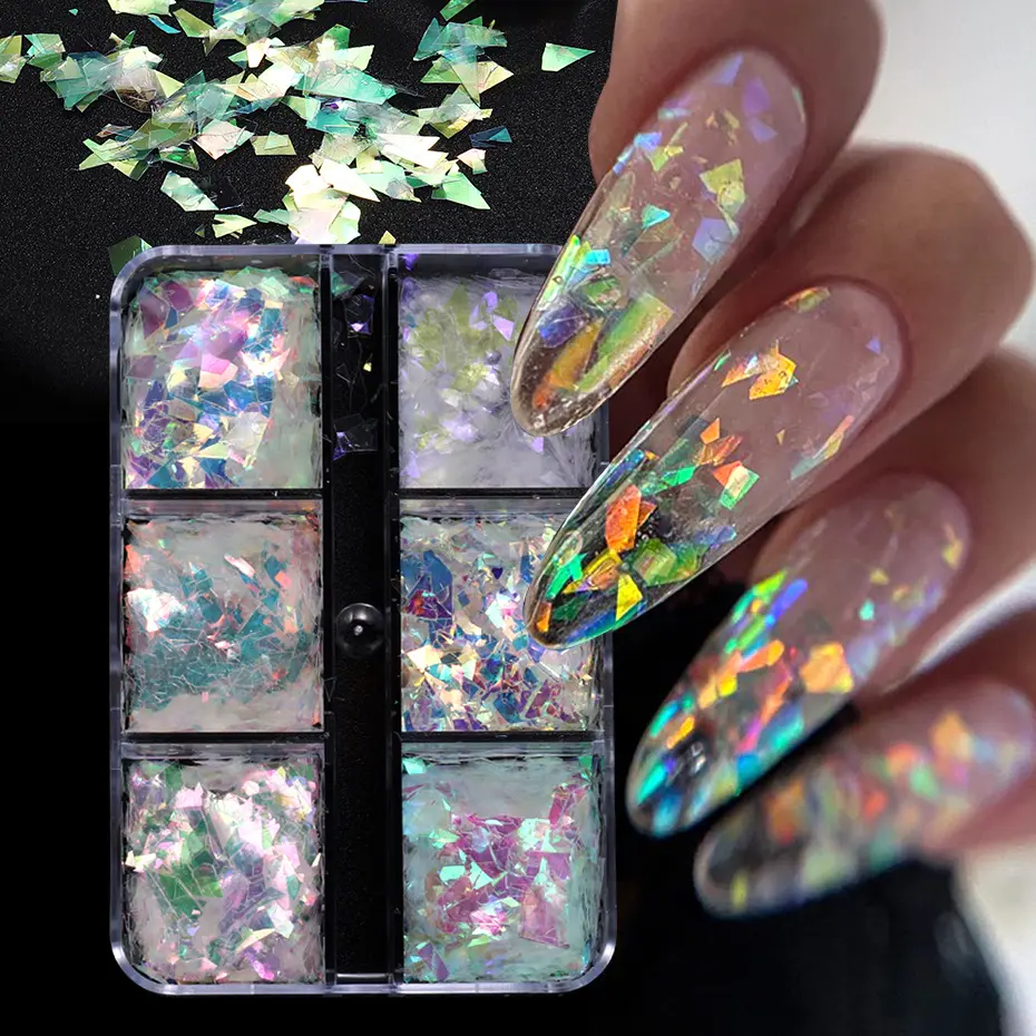 6 Grids AB Iridescent Nail Glitter Flakes Irregular Aurora Sparkle Sequin Fairy Paillette DIY Manicure Decor Slice