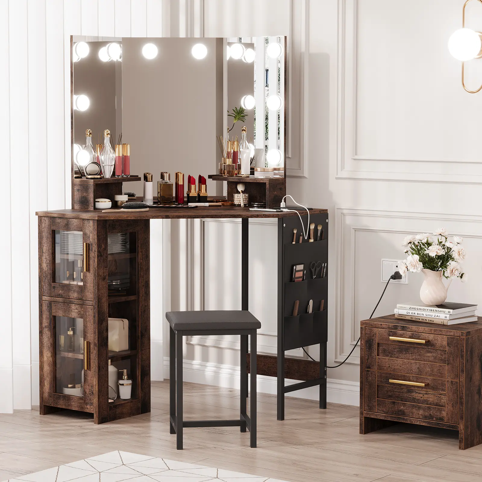Corner Makeup Vanity Desk with LED Lighted Mirror – Charging Station, Stool, Acrylic-Door Cabinets, Hanging Storage Bag – Modern Bedroom Dressing Table, White or Brown
