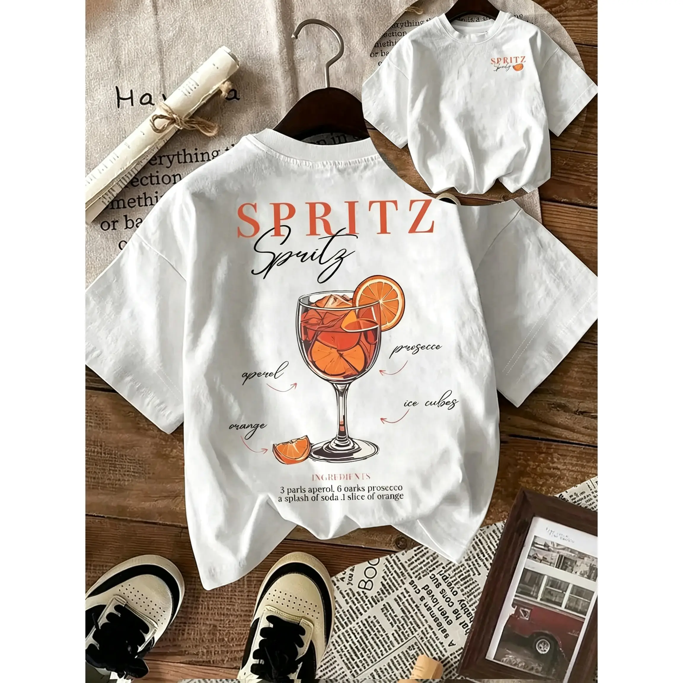 Knitted Aperol Spritz Recipe Cocktail Graphic Garment, Halloween-Party Italian Drink Front-Back Print Oversized Short-Sleeve Sports Top for Summer Vacation