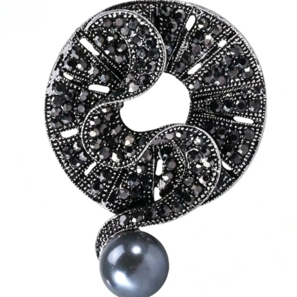 Gunmetal Spiral Hollow Brooch Smoky Tiny Rhinestone Gray Baroque Pearl Drop Unisex Minimalist Daily Corsage Pin