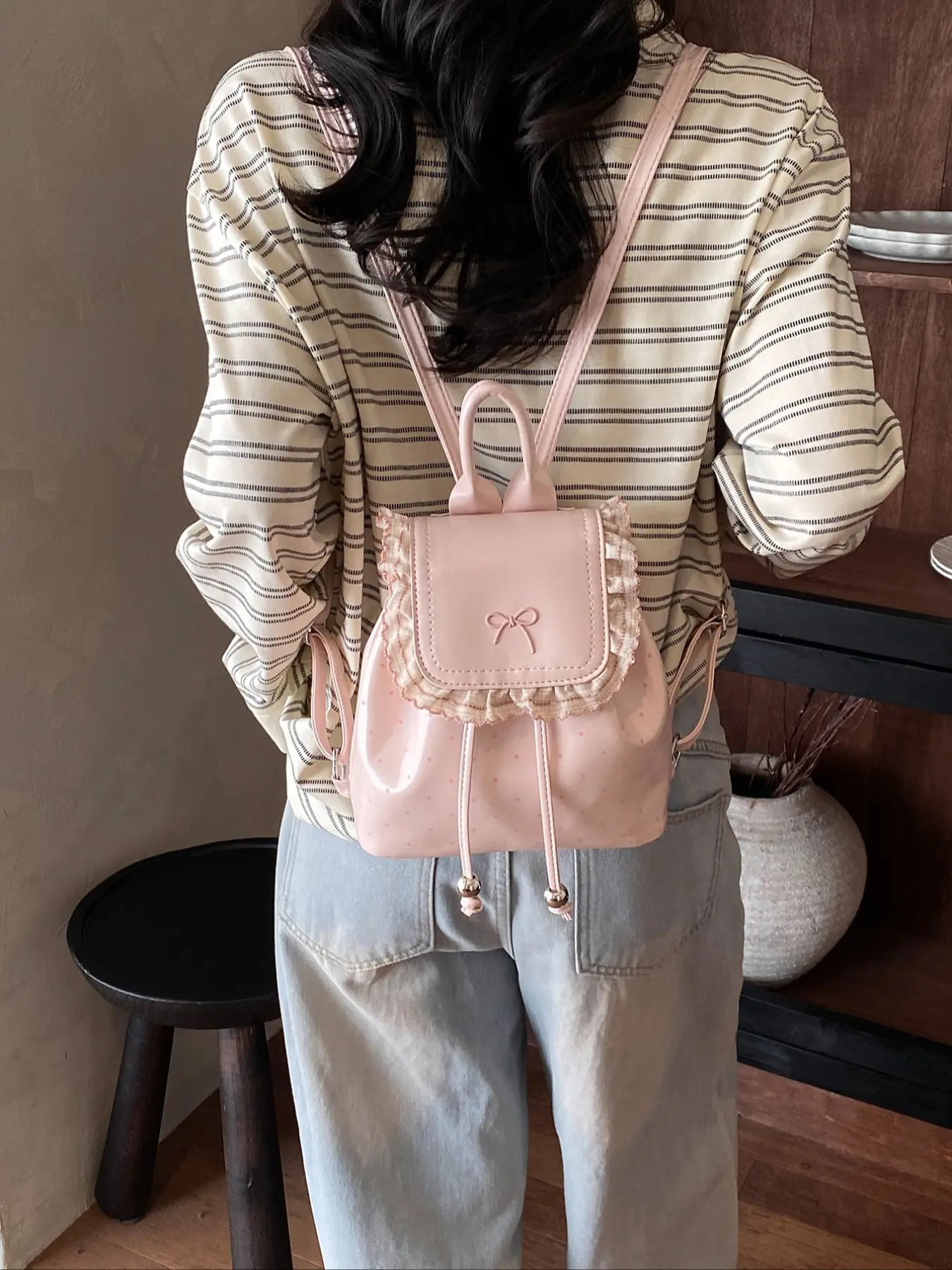 Water Resistant Cute Polka Dot Mini Backpack for Women Girls, Kawaii Bow Ruffle Trim Daypack with Drawstring, Lightweight Small Casual School Bag, Multiple Colors Available, Ideal for Daily School Travel Hiking Picnic Outdoor Activities