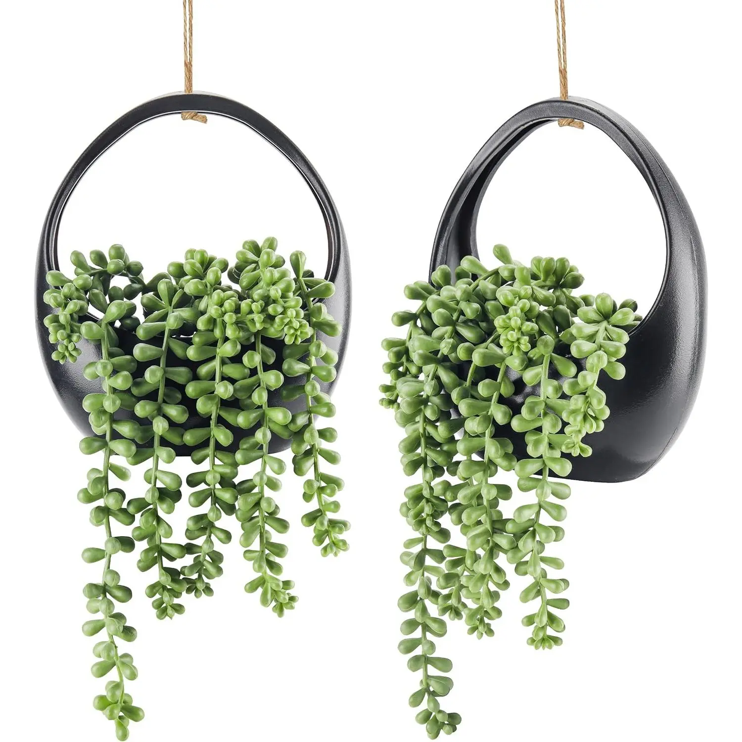2-Pack Plastic Round Decorative Fake Hanging Succulent Plant Set with Strings, Indoor Modern Artificial Plants for Black Bathroom Boho Wall Decoration, Kitchen Mother's Day Gift Option