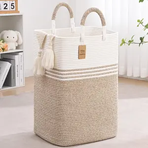 Laundry Hamper, Large Laundry Basket, Dirty Clothes Hamper with Swivel Handles, Rope Basket for Blankets, Toys, and Clothes, Hampers for Bedroom, Bathroom, and Nursery, White & Linen, 60L