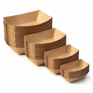 Waterproof Oil-Resistant Kraft Paper Boat Box, Rectangular Disposable Snack Packaging Tray, Multiple Sizes Takeout Food Containers