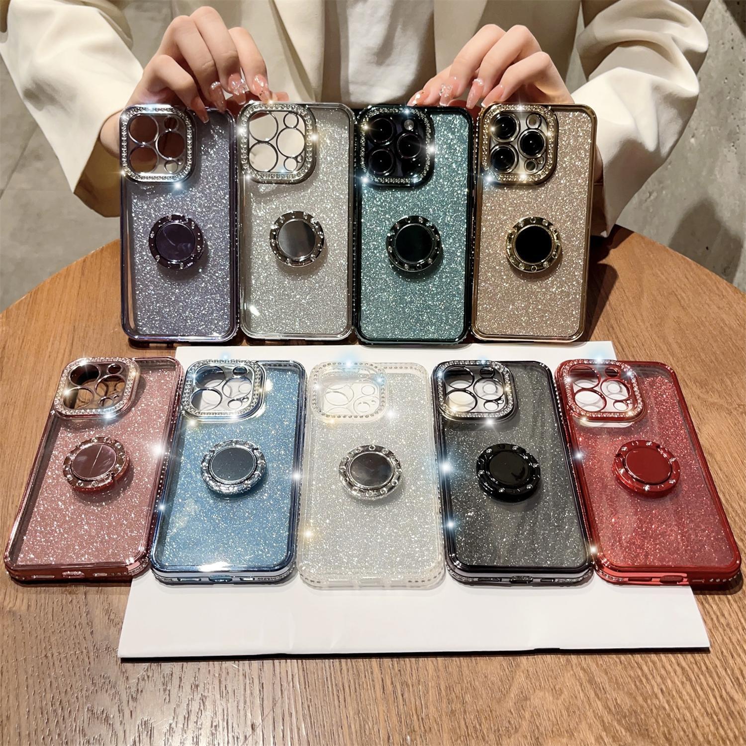 Bling Glitter Ring Case For iPhone 16 15 14 13 12 11 Pro Max Ring Holder Kickstand Case Plating Bumper Cover with Camera Lens Protector