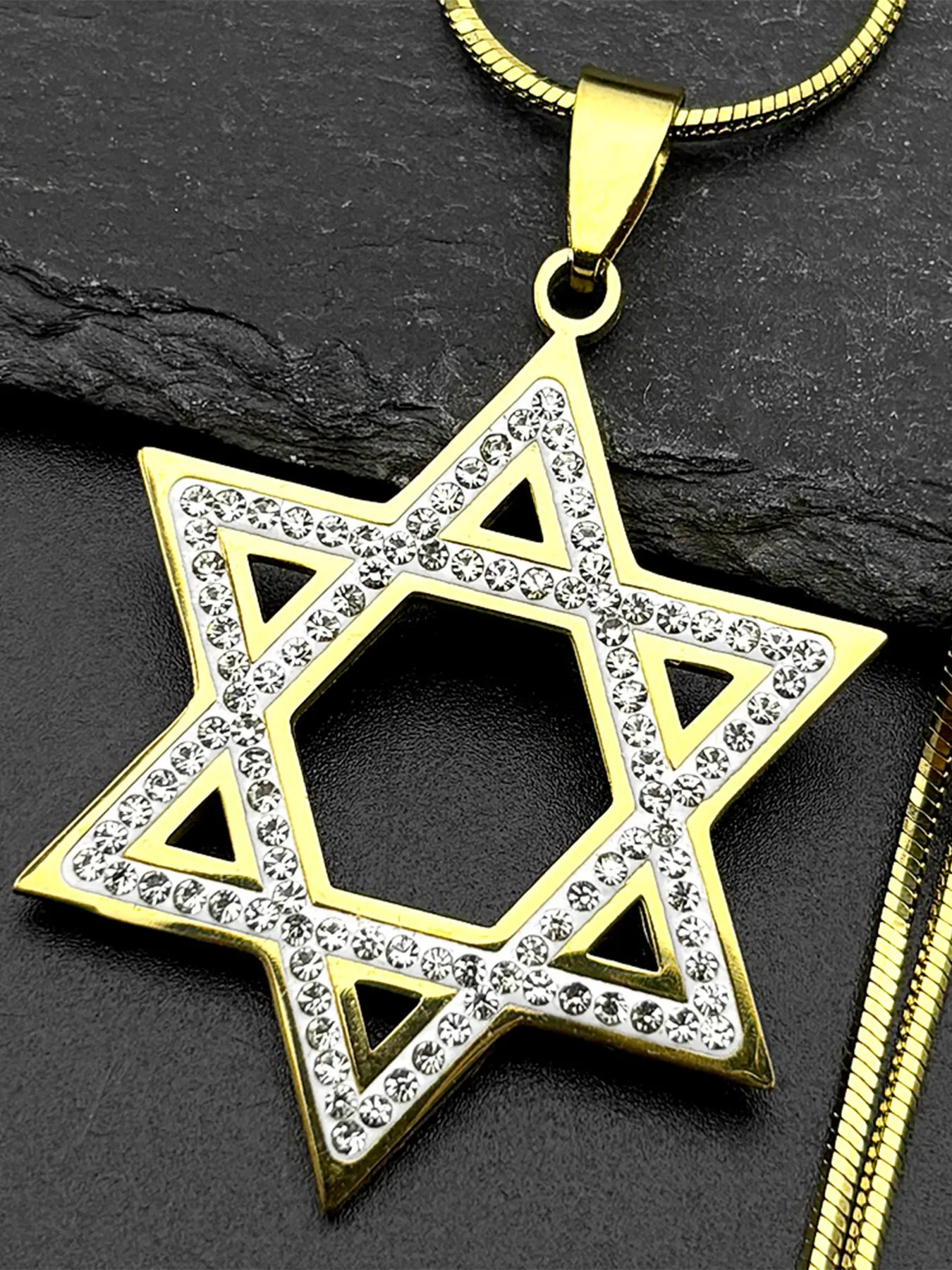 Israel Hexagram Jewish Magen David Stainless Steel Pendant Necklace for Women Men Star of David Rhinestones Chain Bling Necklace