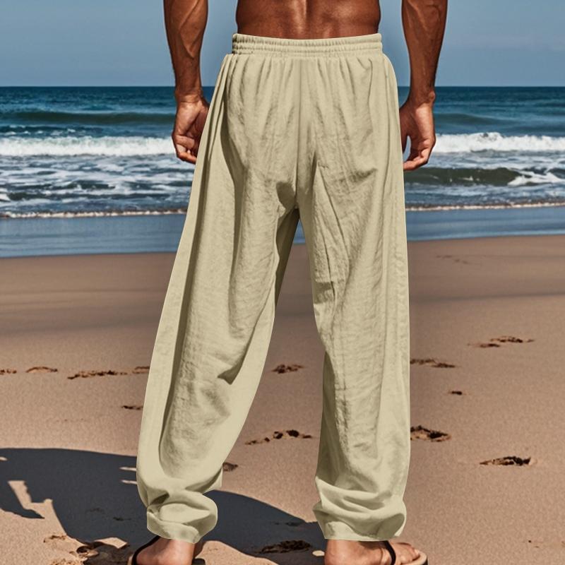 Men's solid - color premium linen straight - leg pants, comfortable beach pants with pockets. They are loose - leg pants for men's daily summer wear, featuring loose wide - leg design, light - colored washed finish and a loose fit, Casual Comfy Pants