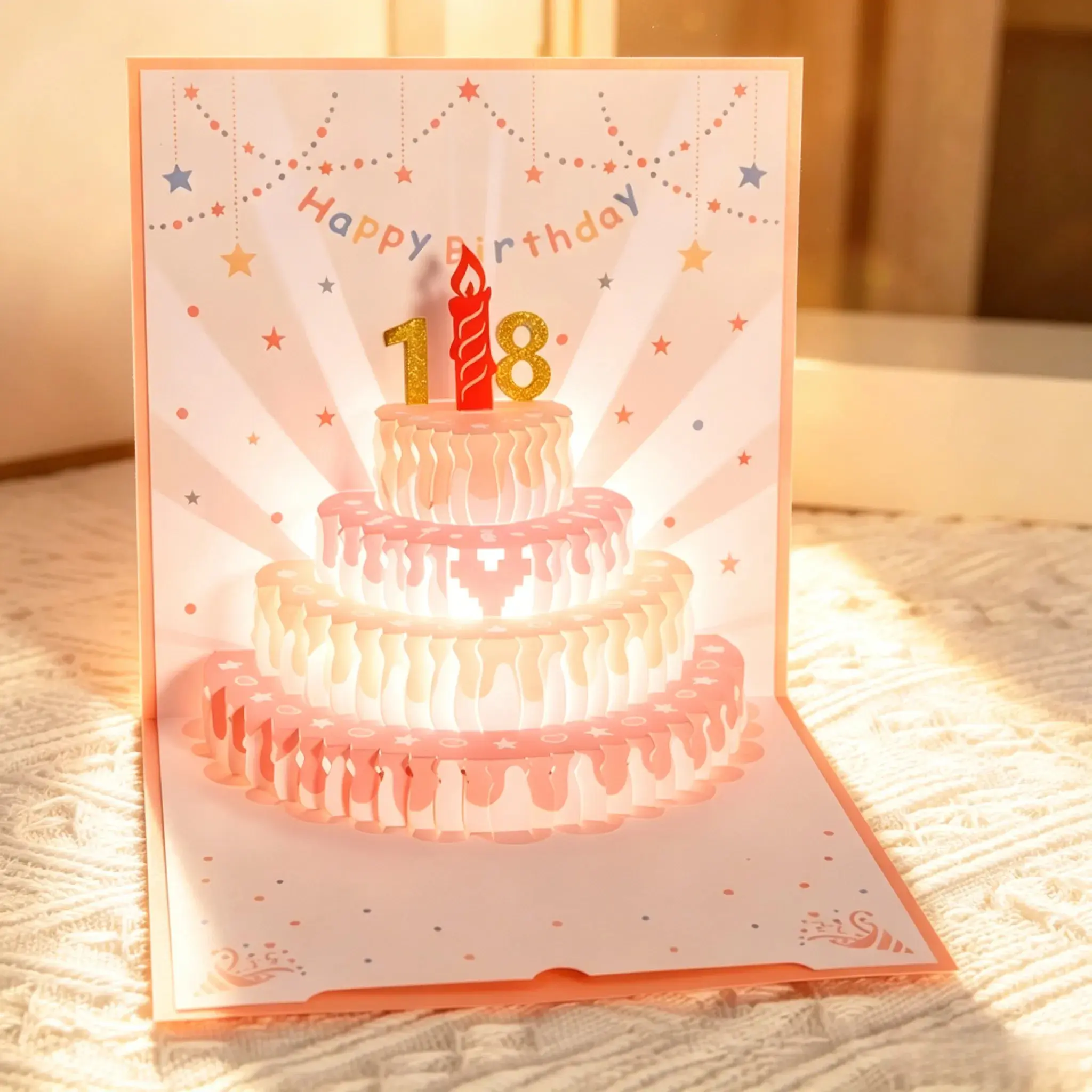 Recordable 3D Birthday Card with Lights, DIY Age Stickers, Soft LED Ambiance, 60s Voice Recording, Perfect for All Ages