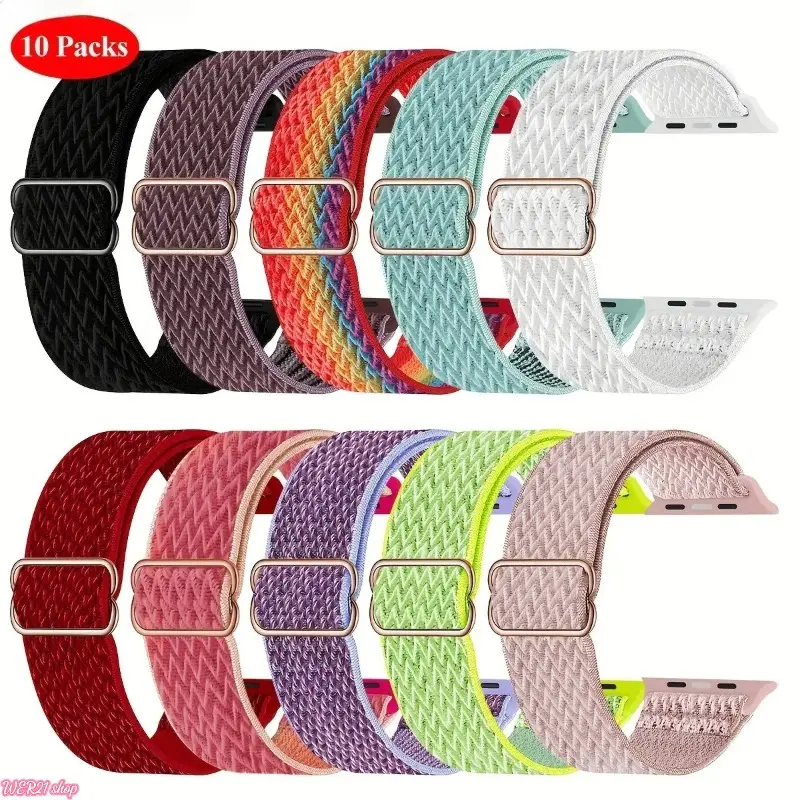 (no watch)10 Pack Stretchy Solo Loop Bands Compatible with iWatch Ultra Band 46mm 45mm 44mm 42mm 41mm 40mm 38mm Men Women, Soft Nylon Elastic Braided Strap for iWatch Ultra 2, Series 10/9/8/7/6/5/4/3/2/1 SE