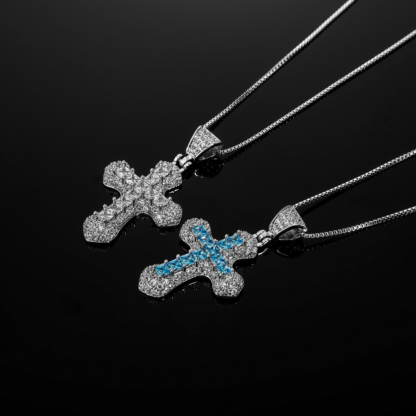 CYL&RY 14K Gold Plated Iced Out Blue CZ Cross Pendant Necklace for Men Women, Hypoallergenic Box Chain, Perfect for Hip Hop Concerts, Church Events, Music Festivals, Club Nights Baddie Aesthetic Urban Street Style