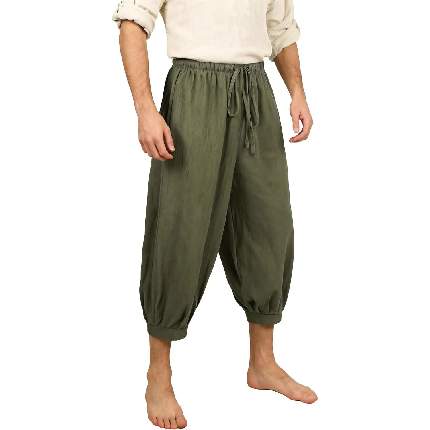 JPXH Men's Faux Linen Harem Pants, Medieval Pirate Viking Costume Trousers| Faux linen harem pants with a pull-on elastic waist and two side pockets for costumes, travel, yoga and casual wear.