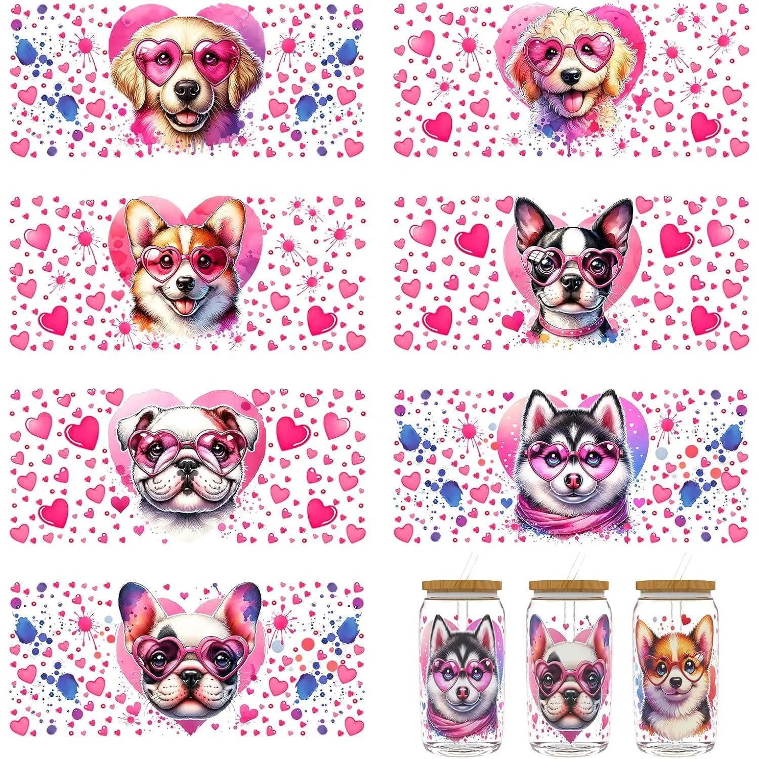 8 count Valentine Dogs UV DTF Cup Wrap Transfers Stickers | Durable cold rub  transfer stickers for 16 oz glass tumblers and coffee mugs.for DIY crafts & decorations