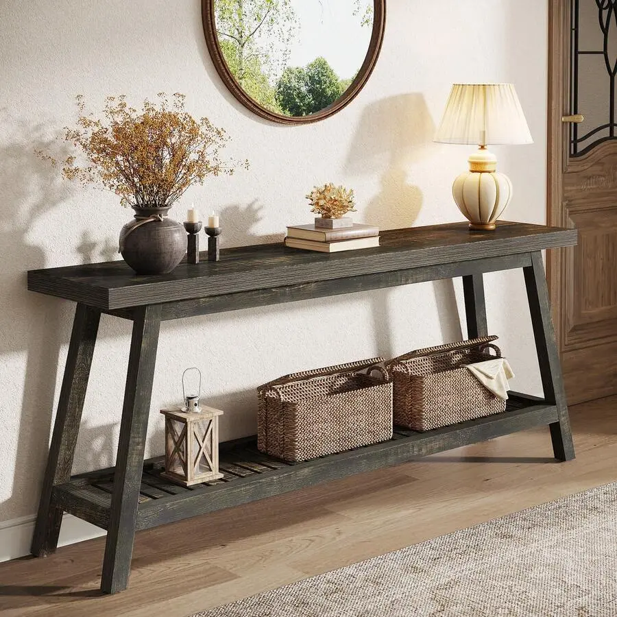 Farmhouse Console Entryway Table: 70.9'' Wood Console Table Entrance, 2 Tiers Narrow Long Behind Couch Sofa Table, Foyer Entry Table Hallway, Living Room, Black