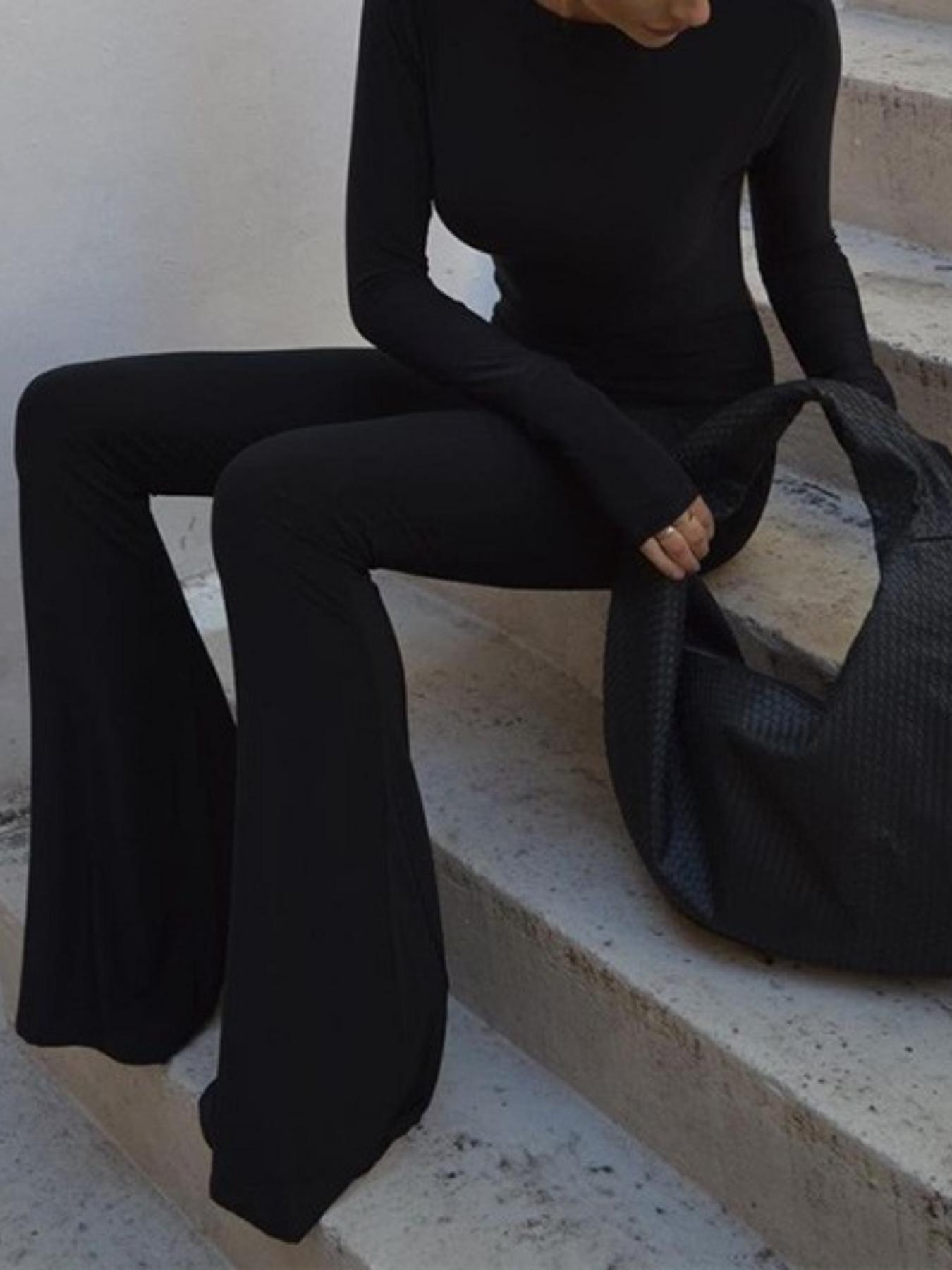 Women's Solid Backless Flare Leg Jumpsuit, Sexy Long Sleeve Round Neck Bell Bottom Jumpsuit For Spring & Fall, Ladies Clothes For Daily Wear