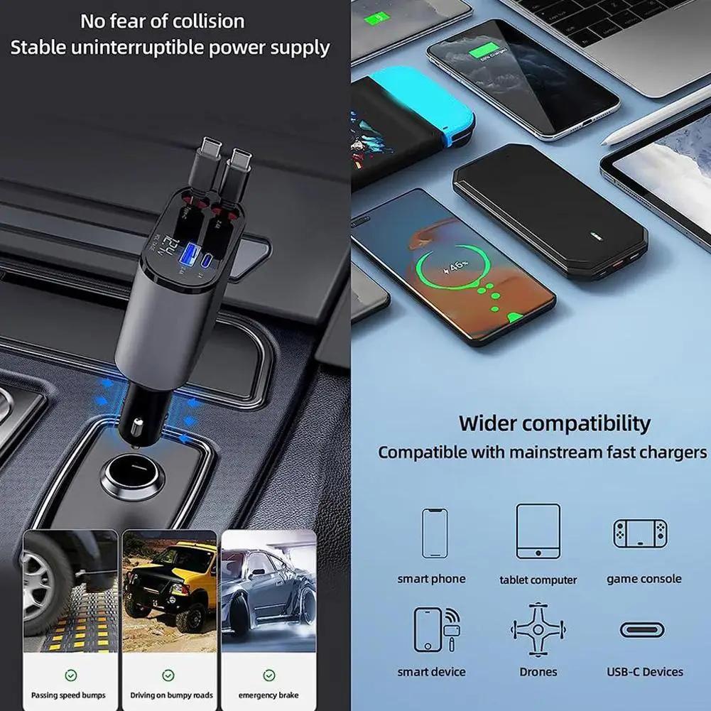 4 in 1 Car Charger, Retractable Car Charger, Retractable Automotive Charger with 2 Fast Charging Cables, Dual Charging Ports Car Charger Compatible with iPhone, Type C Charger