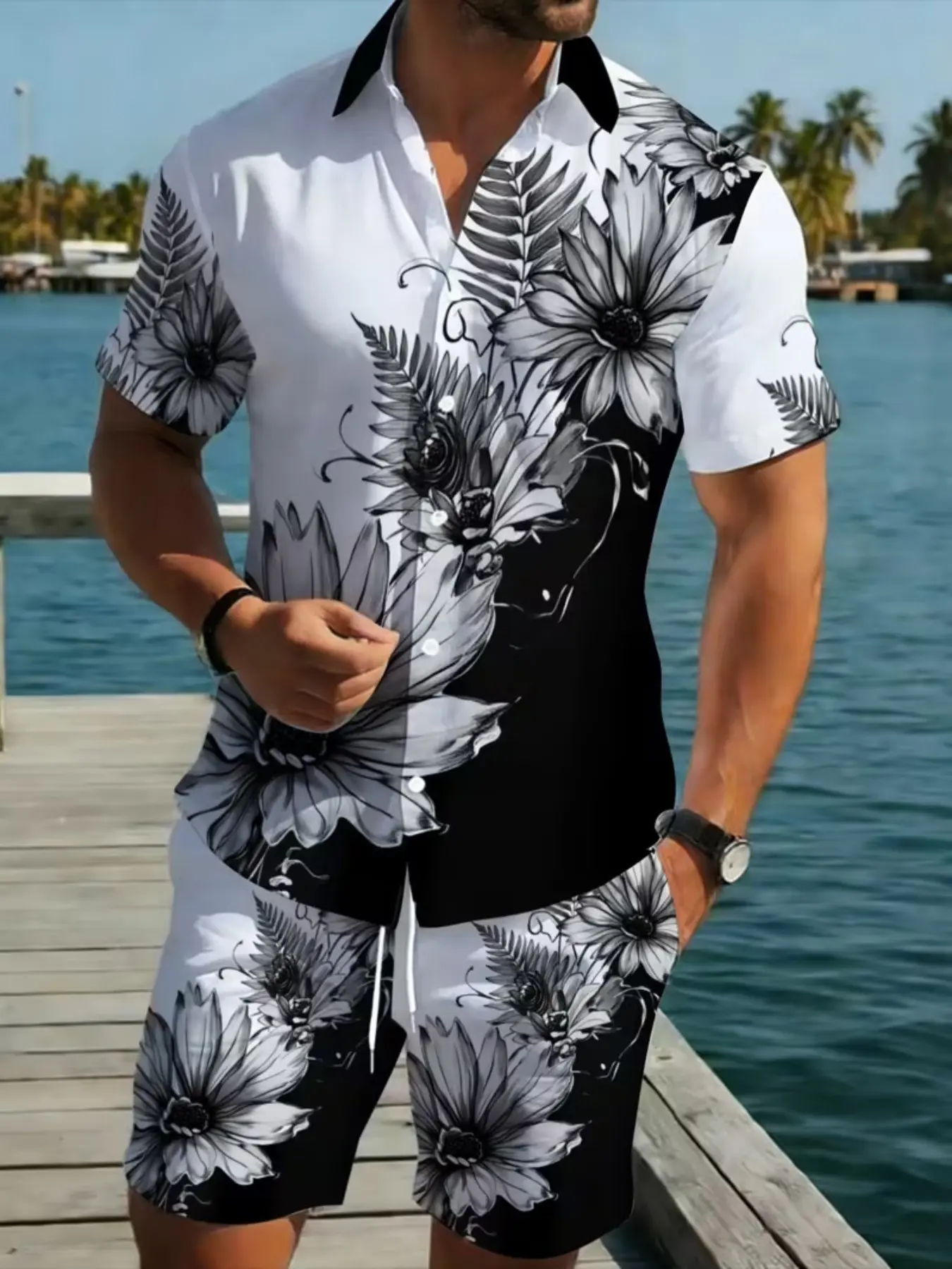 Men's Floral Print Two-Piece Set, Contrast Short Sleeve Collar Shirt + Drawstring Beach Shorts, Vintage Summer Vacation