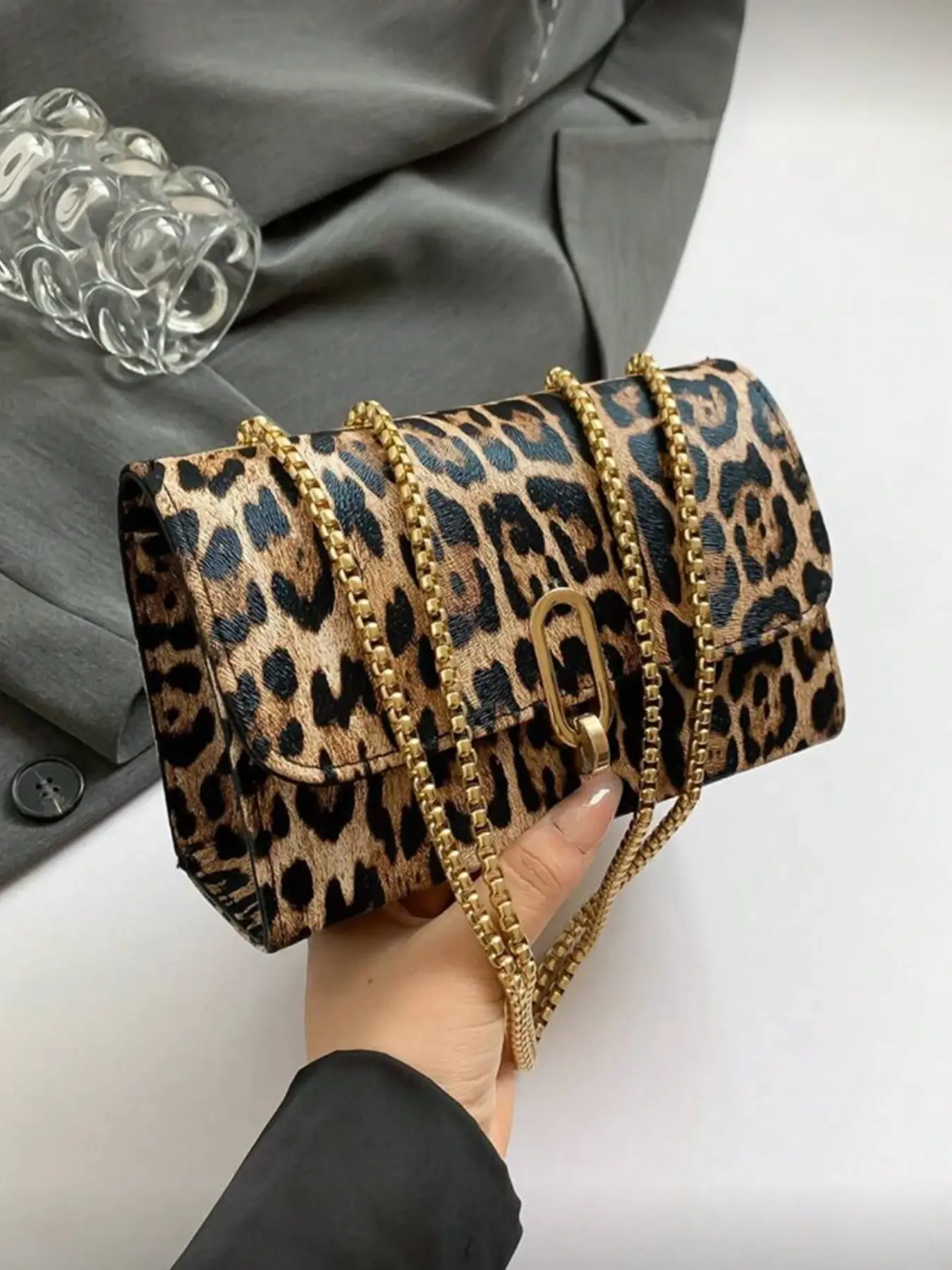 Retro Chic Leopard Print Flap Mini Square Bag, Adjustable Metal Double Chain Shoulder & Crossbody Purse, Shoulder Purses for Women, Perfect for Daily & Casual Use