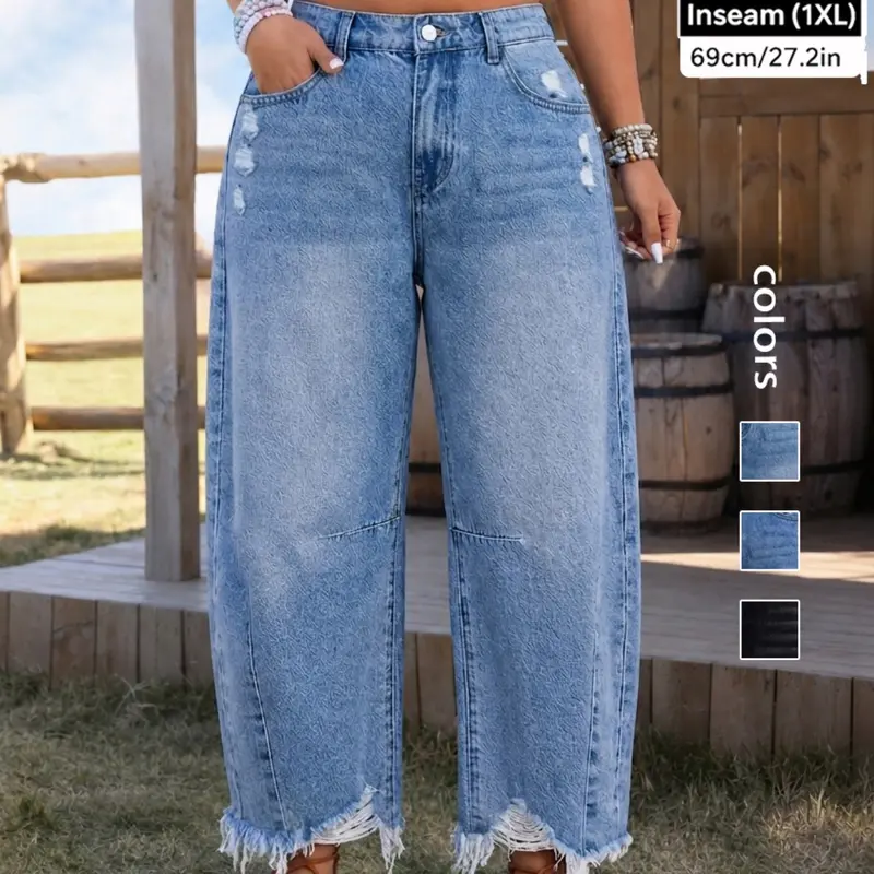 Women's Plus Size Fashion Non-Elastic Wide Leg Hi Waist Denim Jeans, Comfortable Trendy Versatile Pocket Pants for Daily Wear