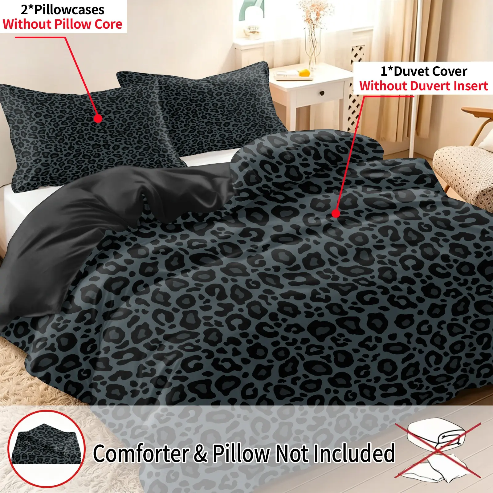 3pcs Leopard Print Bedding Set, Cool Retro Style, Wrinkle-Free Polyester, Includes 1 Duvet Cover and 2 Pillowcases, No Core Included