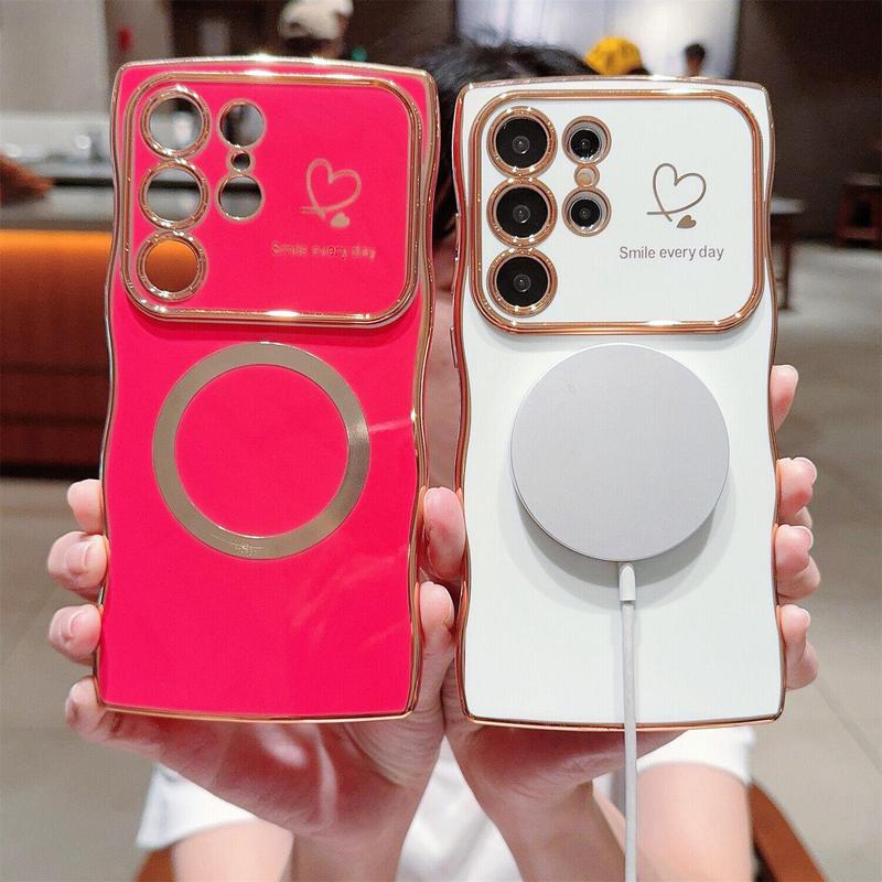 For Samsung Galaxy S24 S23 S22 Case Magnetic,for Women Girls Soft Cute Wave Frame Curly Shape Love Heart Luxury Plating Phone Case Compatible with MagSafe Shockproof Back Cover