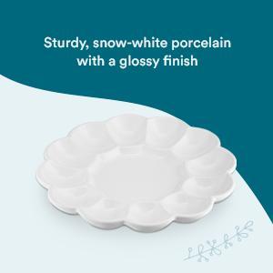 KooK Deviled Egg Platter Tray, Ceramic Easter Egg Holder, Holds 12 Eggs, Ceramic Dish, Display Holder, Dishwasher Safe, Microwave Safe, freezer Safe, Sleek, 10 Inch Diameter, White