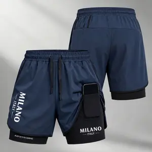 Men’s MILANO ITALY Letter Graphic Print 2-in-1 Athletic Shorts, Built-in Compression Liner, Secure Inner Phone Pocket, Elastic Drawstring Waist, Quick-Dry Gym Running Training Shorts for Summer Daily Wear