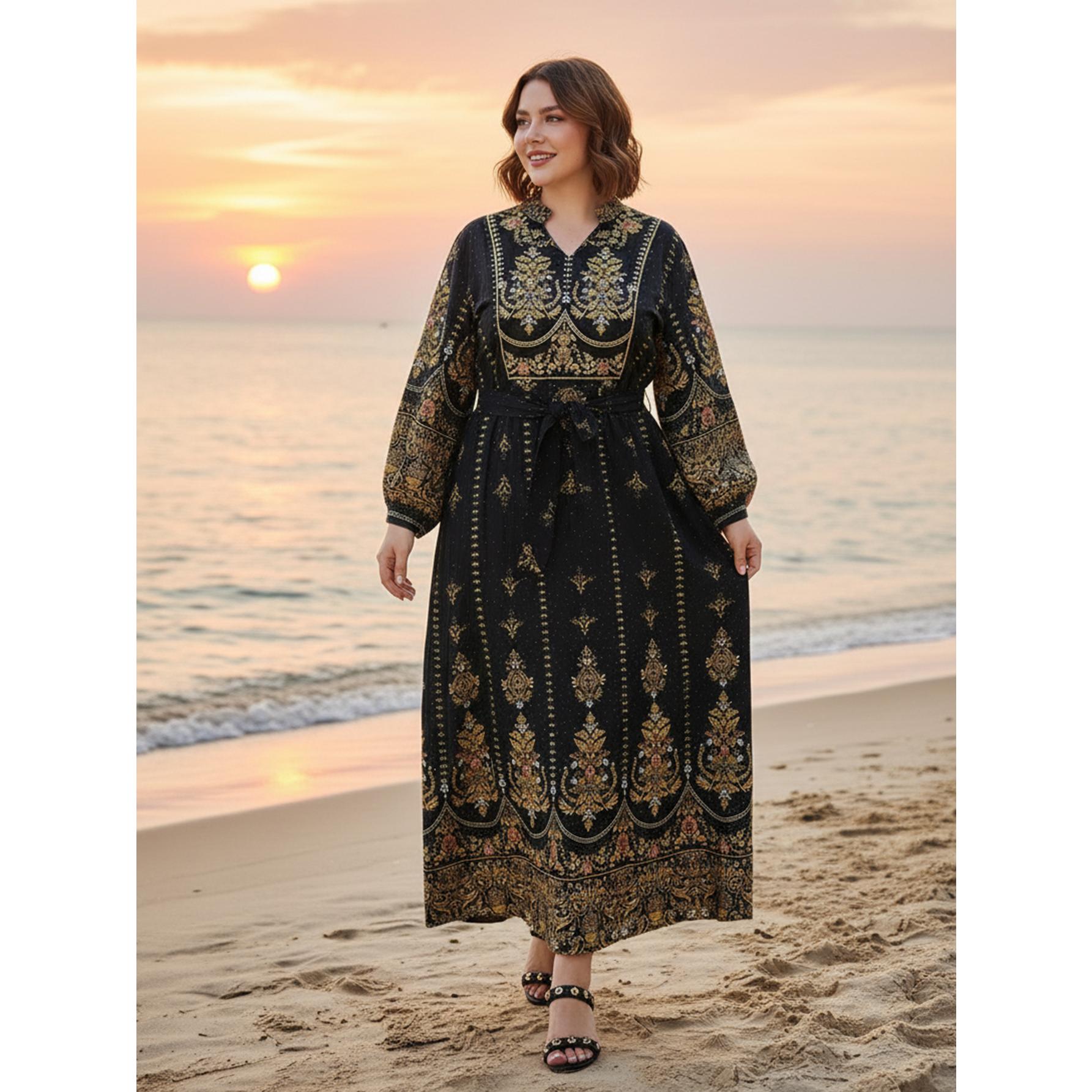 Luxury Gold & Black Baroque Maxi Dress Elegant Belted Boho Gown | Size Inclusive S-4XL | Perfect for Wedding Guest, Evening Gala, Cruise & Vacation