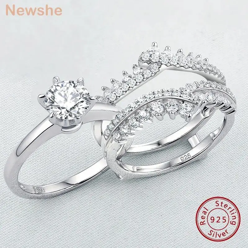 Women's Wedding Ring Set in 925 Sterling Silver, 1.8ct Round Moissanite Bridal Engagement Ring with Adjustable Enhancer Band, Rhodium Plated, Round Stone, Set Of Two, Wedding Use