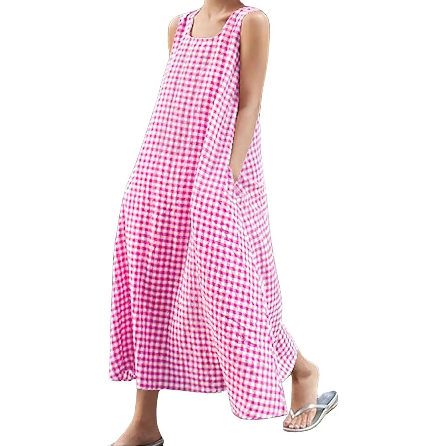 Women's Cute Vintage Plaid Sleeveless Cotton Maxi Dress - Baggy Boho Sundress with Pockets, Belt, Buttons for Summer Beach Vacation, Classy Elegant Cardigan-Compatible, Feminine