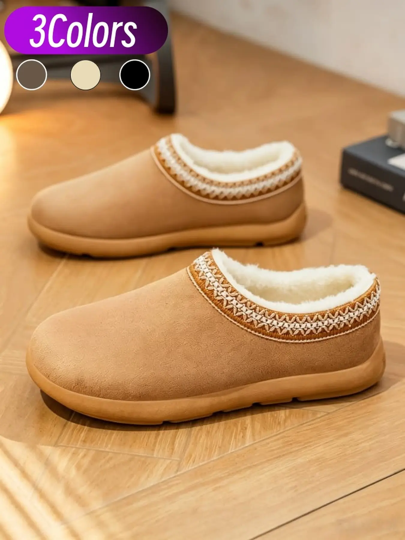 Thick plush embroidered toe slippers for men, matte faux suede upper soft traction sole winter warm snow slides