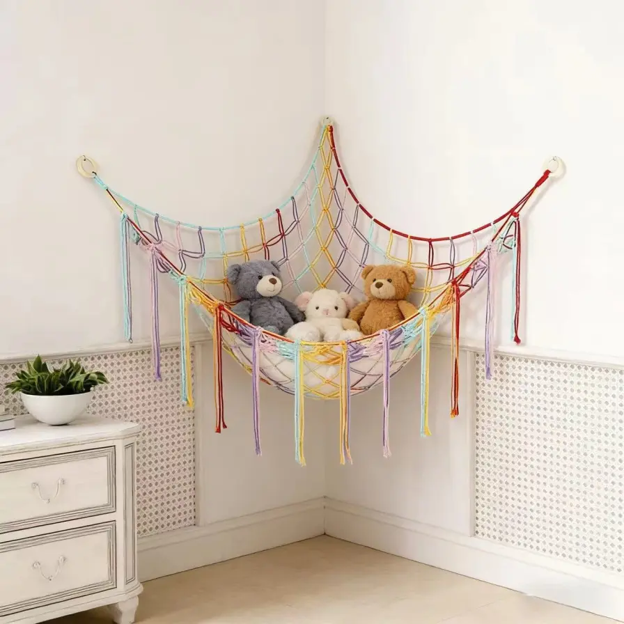 Macrame Cotton Stuffed Animal Hammock - Plastic Wall-Mounted Corner Toy Organiser, Boho Beautiful Wall Decor for Kids Bedrooms & Playrooms, 10kg Capacity Housewarming Gift for Room Home Supplies, Housewarming Gifts