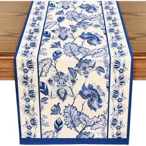 Blue Floral Table Runner - 13 x 72 Inch - Seasonal Spring Summer Farmhouse Indoor Kitchen Anniversary Wedding Dining Table Decorations for Home Party