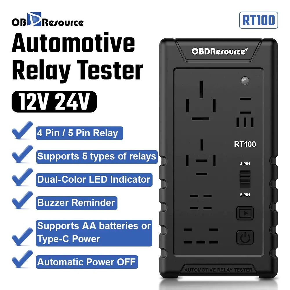 Car Relay Tester RT100, 4 Pin and 5 Pin Relay Tester, 12V and 24v Recognition Detector Auto Relay Analyzer, Supports 5 Types of Relays