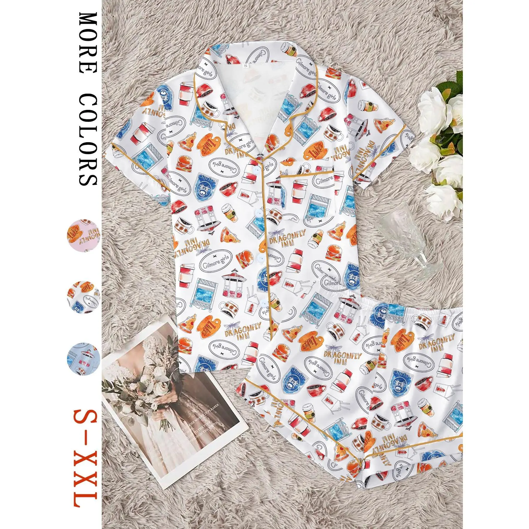 Women's Stars Hollow Gilmore Girls Comfortable Loungewear & Sleepwear Set, Comfy Lounge Set, Two-Piece Short Sleeve Top & Elastic Shorts for All Seasons, Idea Gift