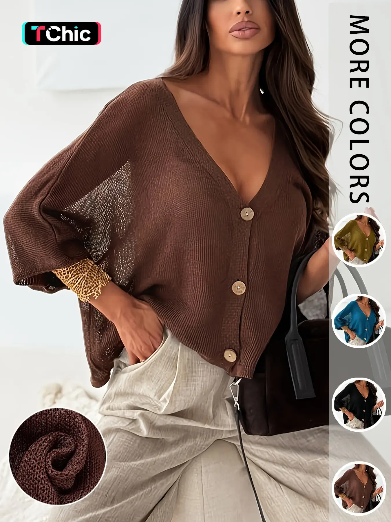 Trendy Sheer Panel Batwing Knitwear Cardigan | Deep V-Neck Button Down Oversized Top | Women's Casual Breathable Summer Outfit