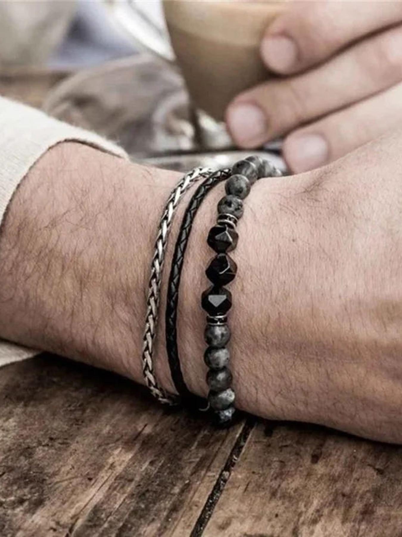 Men's Street Trend Beaded & Cross Charm Bracelets, 3pcs/set Trendy Minimalist Matching Bracelets, Chic Hip Hop Vintage Jewelry As Gift for Boyfriend, Stackable Bracelets, Mix Bracelets, Bangles Bracelets Set
