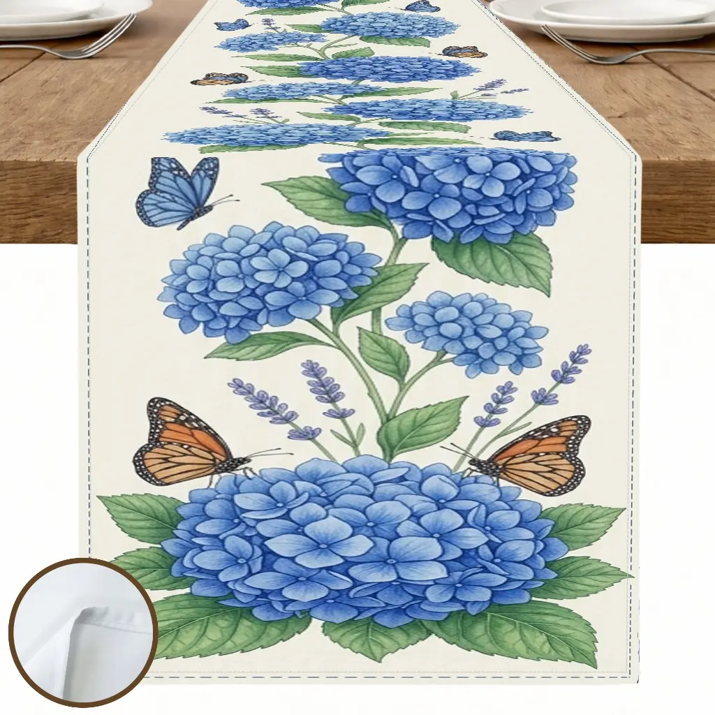 1pc Blue Hydrangea Butterfly Table Runner, Vintage Floral Style, Watercolor Style Print, for Dining Table Kitchen Decor Home Decor Spring Decor