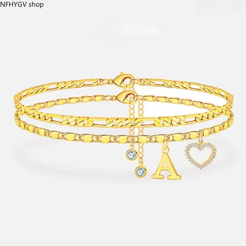 2026 Double-Layer 26-Letter Gold-Tone Heart Anklet, Adjustable Chain With Heart Pendant, Trendy Summer Essential Jewelry For Women And Romantic Valentine’s Day Gift
