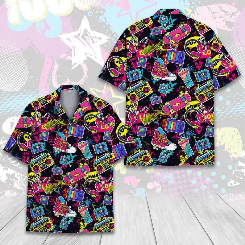 Retro 80s Pop Art Hawaiian Shirt for Men Women Youth, Neon Cassette Skateboard Headphone Shirt, Vintage 90s Party Button-Up Summer Shirt