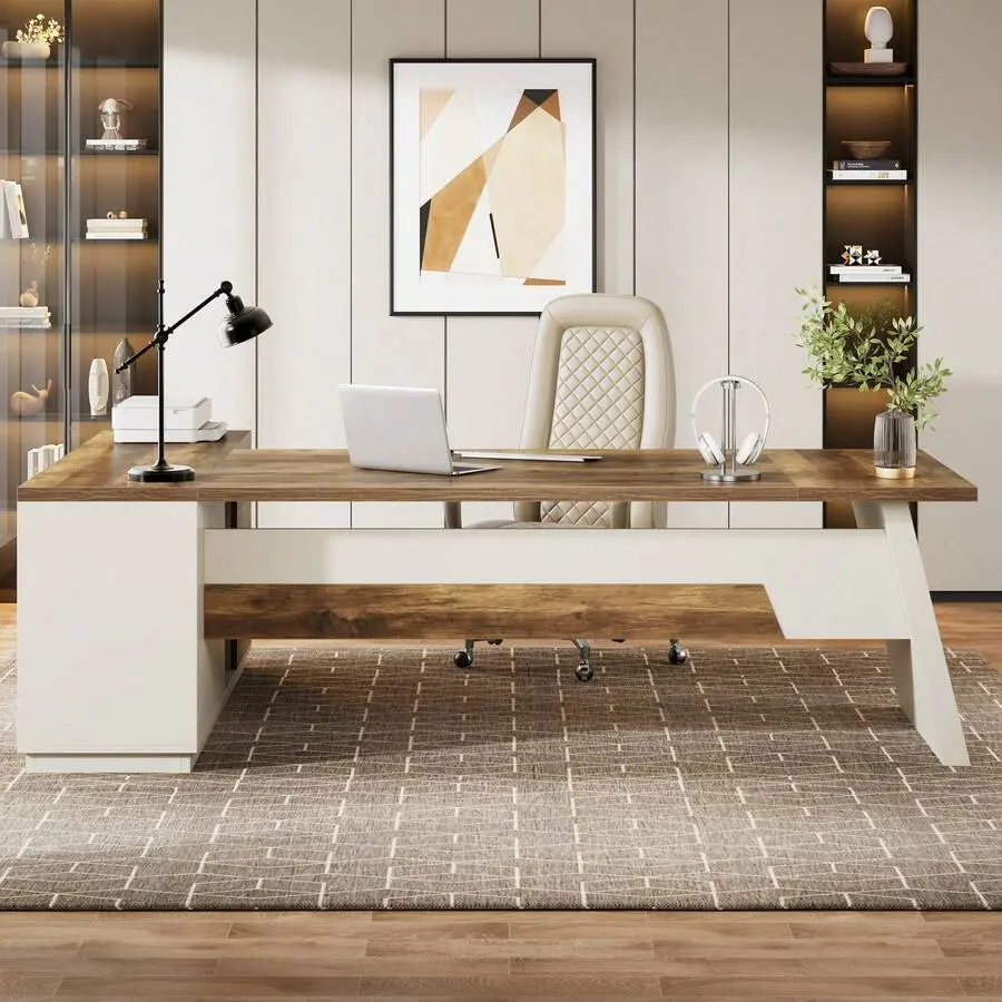 78-Inch Large Modern Executive Desk, L-Shaped Computer Desk With Drawers And Lateral File Cabinet, Wooden Business Office Desk Furniture With Storage Shelves, Workstation Home Office (Rustic Brown & White)