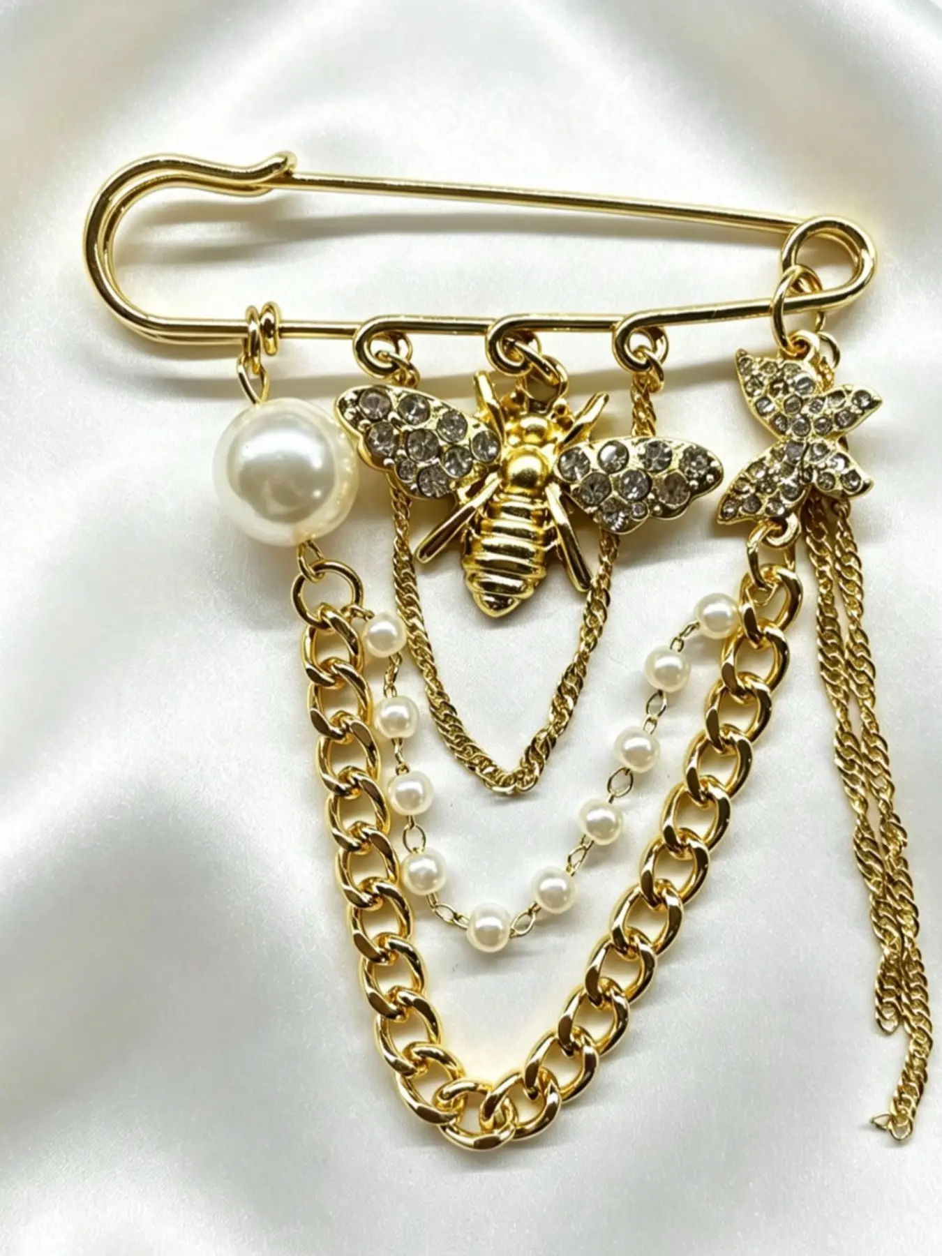 Bee & Butterfly Rhinestone Brooch, Multi-Layer Chain Tassel, Vintage Style, Fashion Jewelry Accessory, Women's Gift
