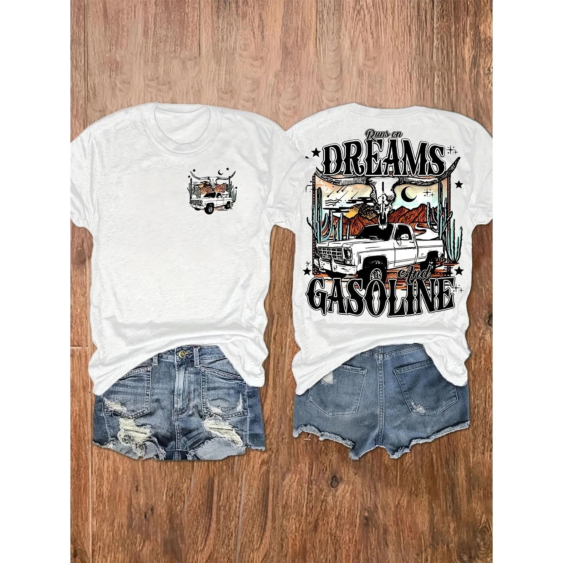 Men's & Women's Breathable Smooth Pure Cotton Short-Sleeve Crewneck Graphic Tee - Traditional Classic Western Dreams & Gasoline Bull Truck Back Print, Casual Boho Country Cactus Desert Top, Outdoor Sports Apparel Gift