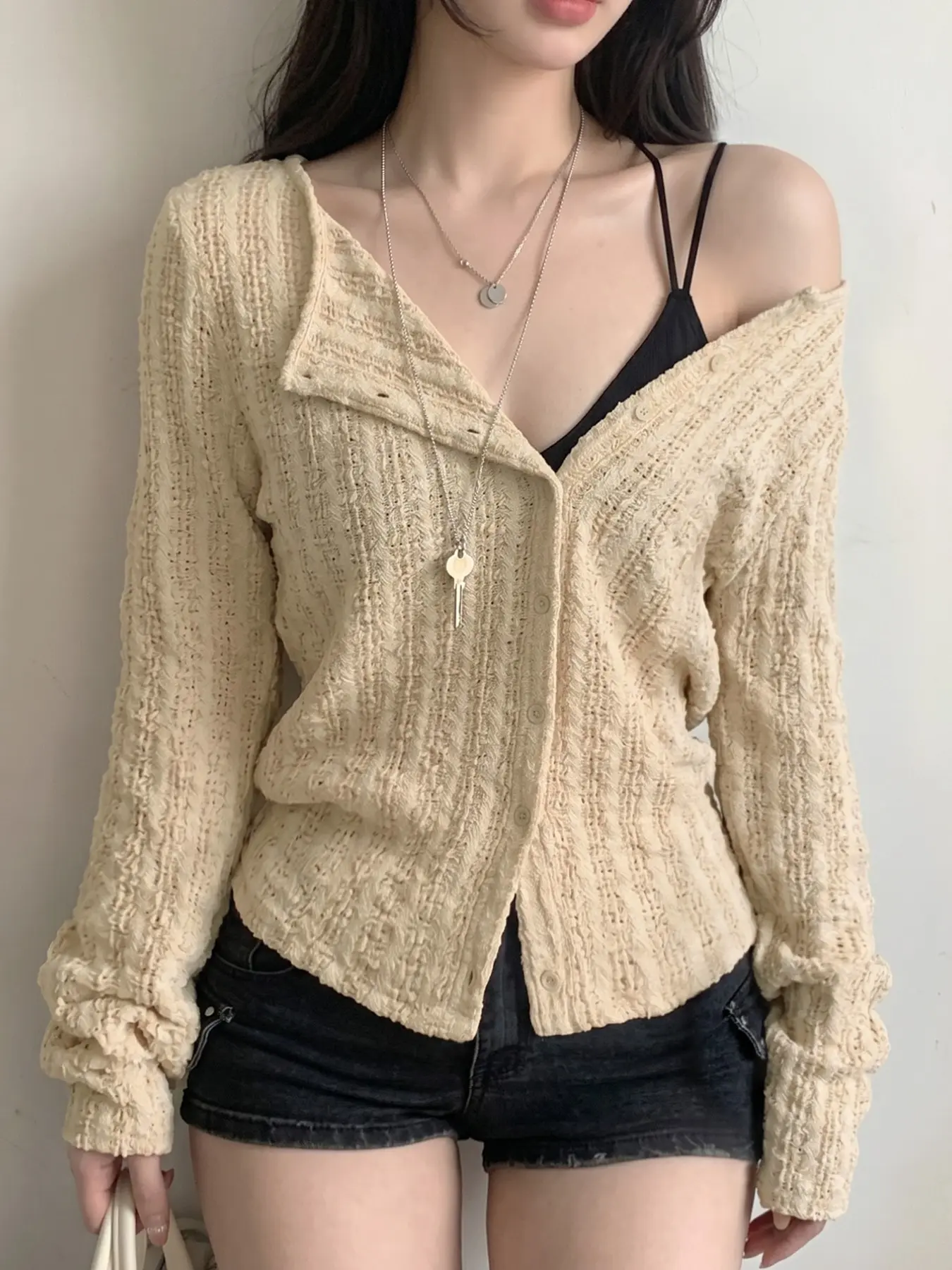 Simple Hollow Textured Knit Long Sleeve Cardigan, Beige Round Neck Asymmetric Collar Button Down Blouse