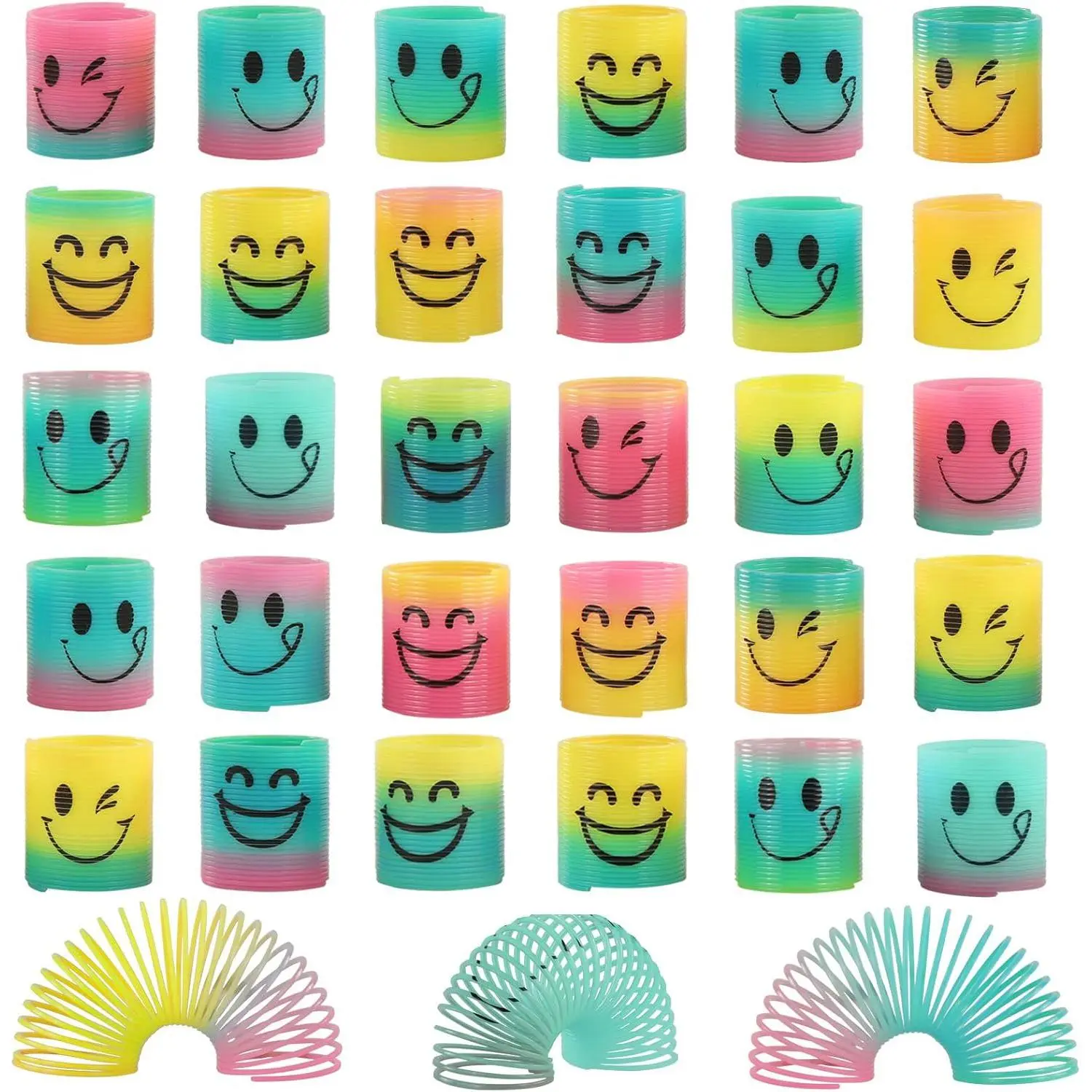 30 Pcs Rainbow Magic Smiley Spring Fidget Stress Coils, Bulk Mini Classic Novelty Toys for Party Favor, Christmas Stocking Stuffers, Easter Egg Fillers for Kids