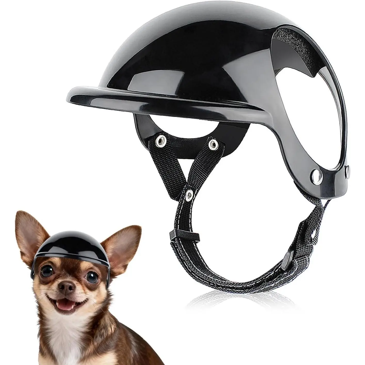 Extra Small Dog Helmet with Ear Holes - Adjustable, Lightweight, Hard Black Puppy Helmet for Outdoor Activities/Motorcycle/Bike