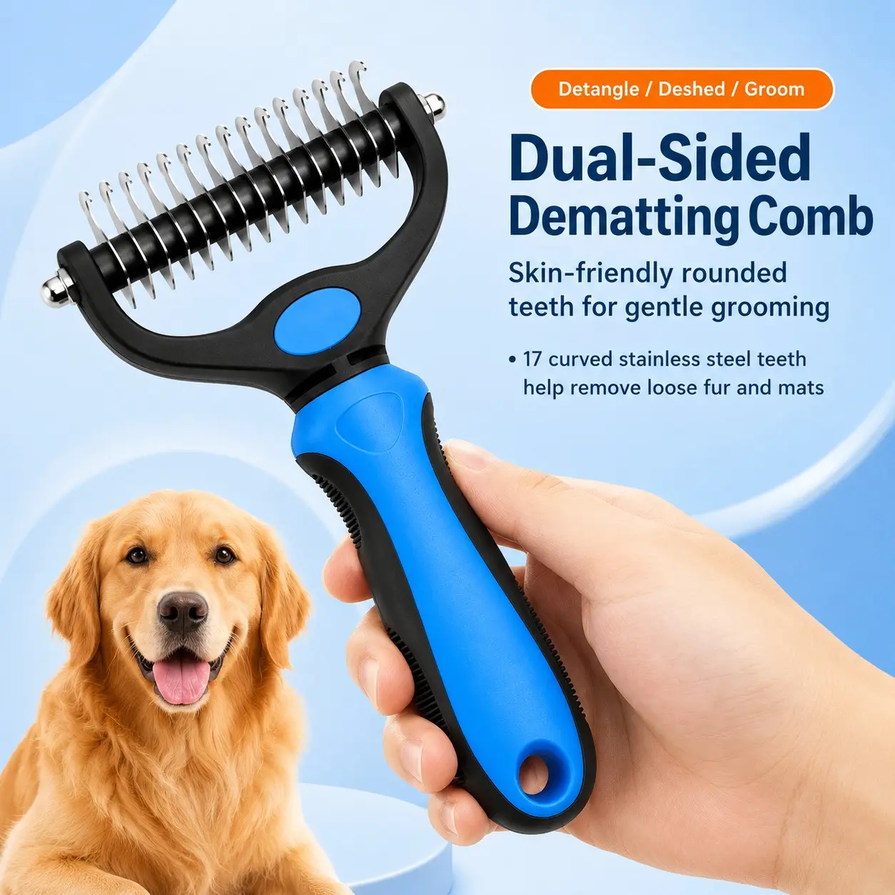Dual-Sided Pet Grooming Comb for Dogs & Cats, 2-in-1 Dematting & Deshedding Brush, Long Fur Detangler, Tangle & Mat Remover, Rounded Teeth, Non-Slip Handle, Reusable Pet Hair Tool, Groomer Tools