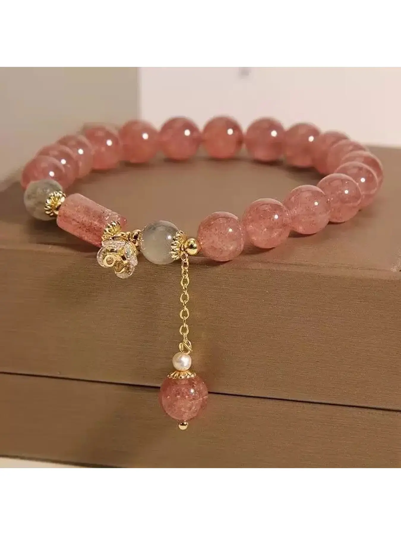 Women 18K Gold Plated June Birthstone Moonstone Pearl Strawberry Quartz Beaded Bracelet Dangling Charm Dainty Healing Fashion Jewelry Gift For Birthday Mother's Day Christmas