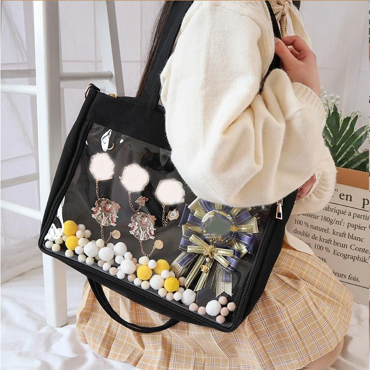 Big Ita Bag Black with Insert Japanese Cute Clear Women Double Straps Girls Kawaii Transparent Shoulder Bag Purses and Handbags