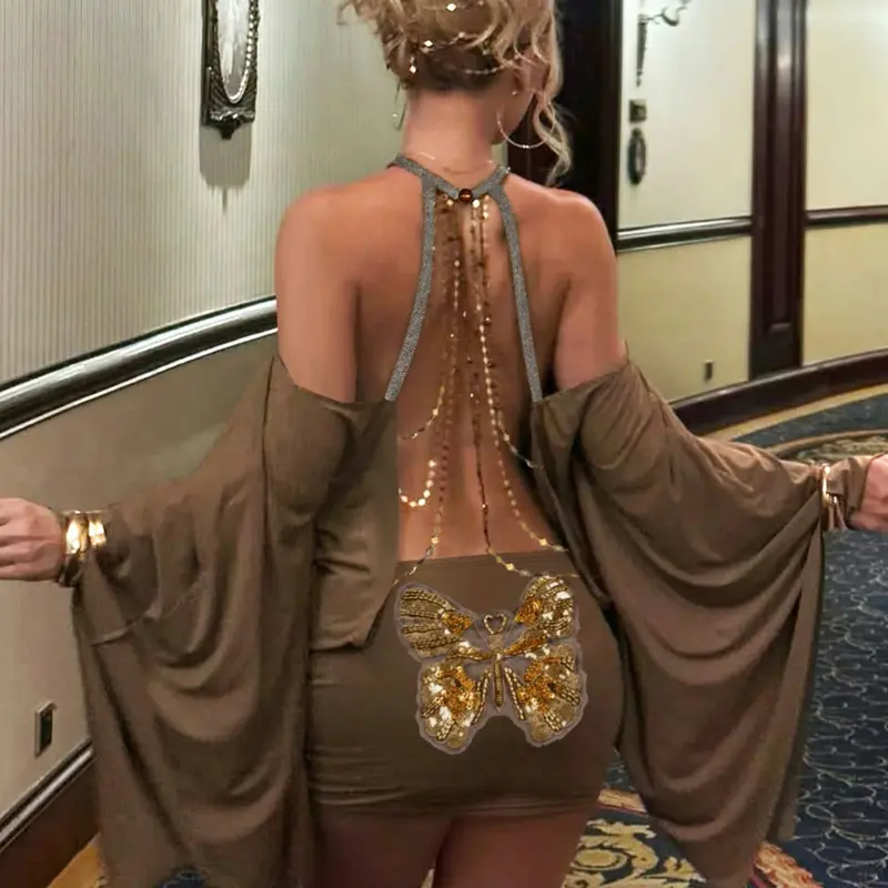 Butterfly Chain Backless Sexy Club Party Dress Batwing Sleeves Spring Summer Grunge Y2K Vintage Short Sundress Women Bodycon Fitted Dress