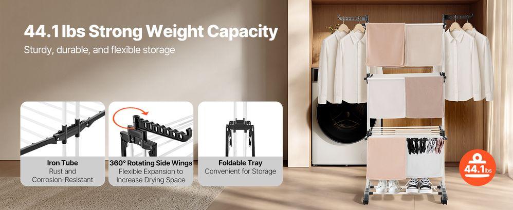 Clothes Drying Rack, Oversized 4-Tier(67.7" High) Foldable Stainless Steel Drying Rack Clothing, Movable Drying Rack with 4 castors, 24 Drying Poles and 14 Hooks for Bed Linen, Clothing